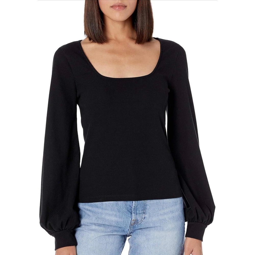 The Drop Lucyswhims Black Ribbed Square Neck Balloon Sleeve Top XS